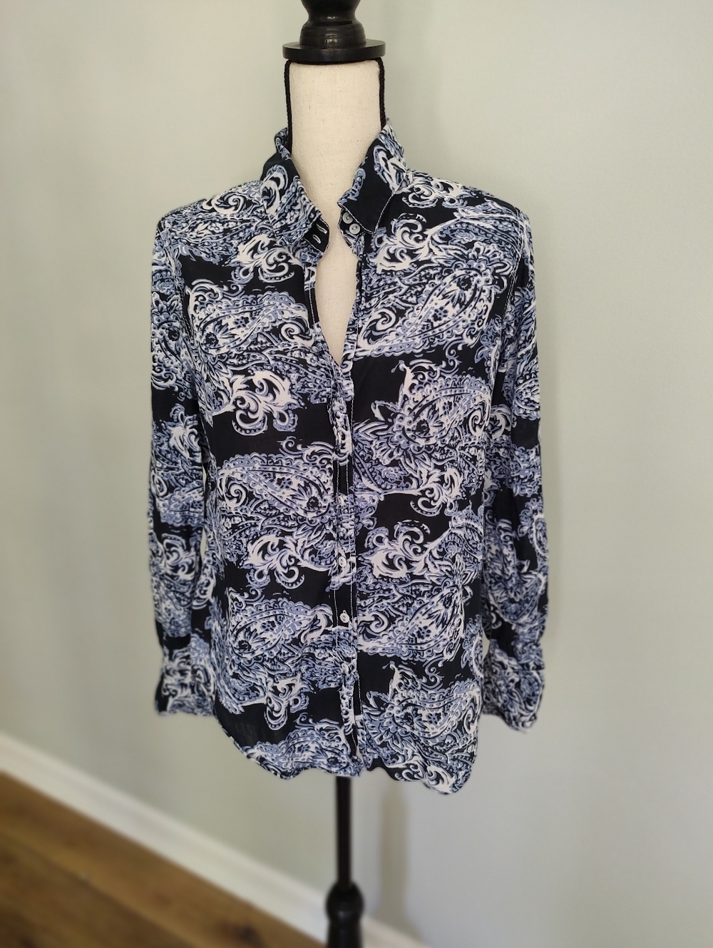 Cino Paisley Scroll Button Down Shirt Cotton Blue White Roll-Tab Sleeves L